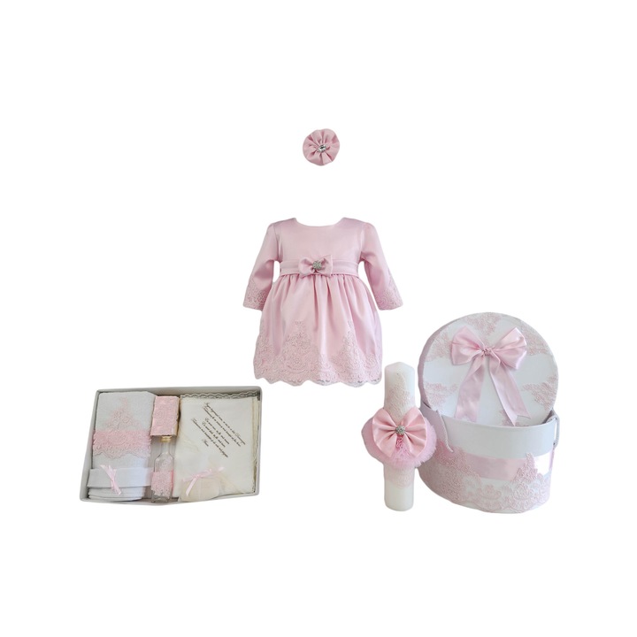 Set botez fetite 4 piese culoare roz deschis, 3-6 luni