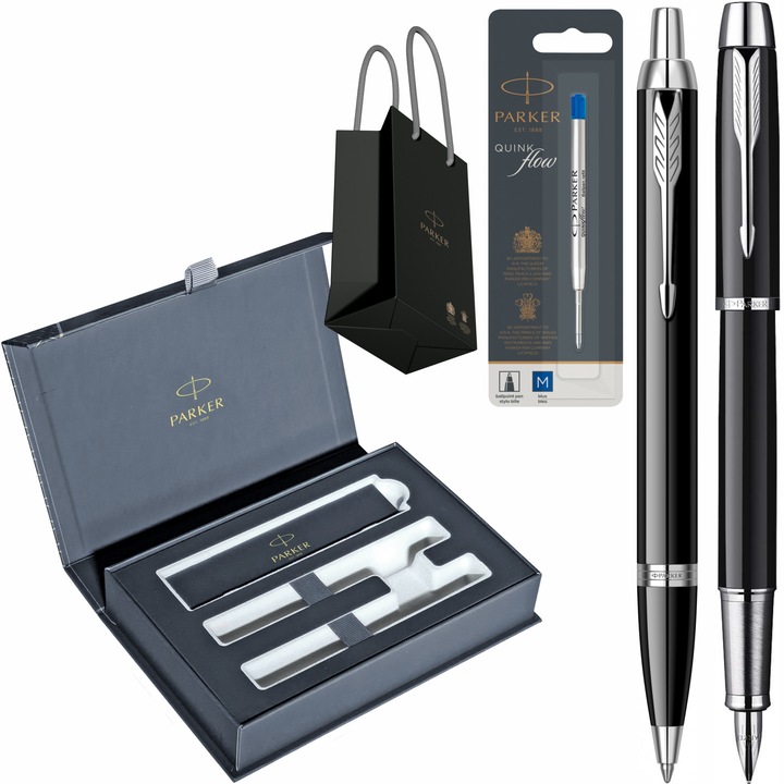 Set Parker Stilou Pix IM Standard Black CT cu gravura laser inclusa, rezerva pix Jumbo Quink Flow albastra, in cutie duo Royal si punga
