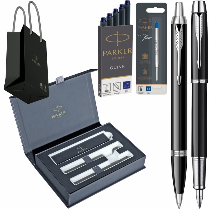 Set Parker Stilou Pix IM Standard Black CT cu gravura laser inclusa, cartuse lungi Parker Quink 5 buc, rezerva pix Parker albastru Jumbo Quink Flow, in cutie duo Royal si punga