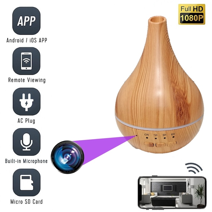Aromaterápiás diffúzorba rejtett TSS-ODM5 WIFI kémkamera, 5 MP, audio-video felvétel, mozgásaktiválás, mobil alkalmazással