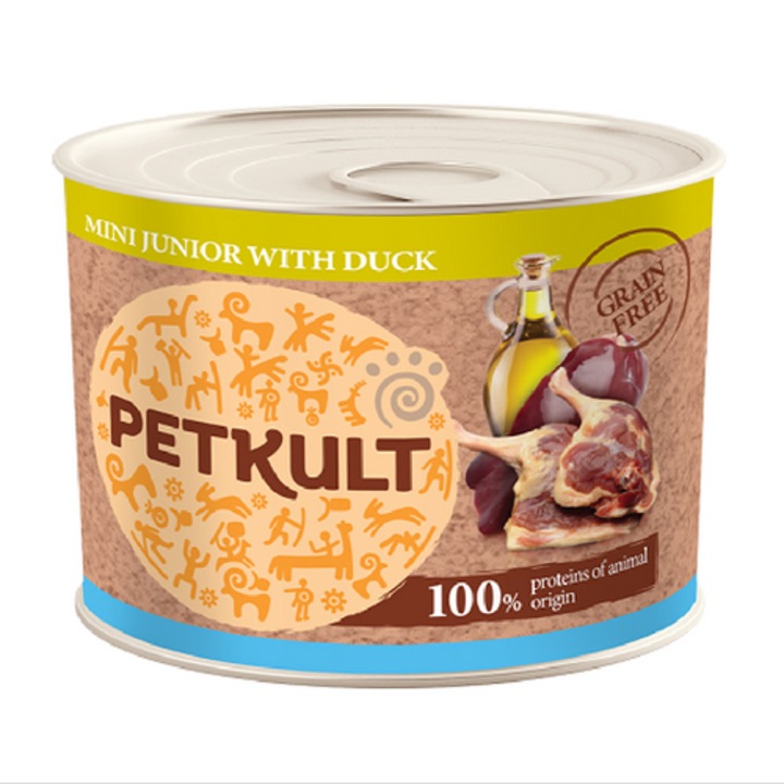 Hrana umeda pentru caini Petkult Junior, Rata, conserva 185 g