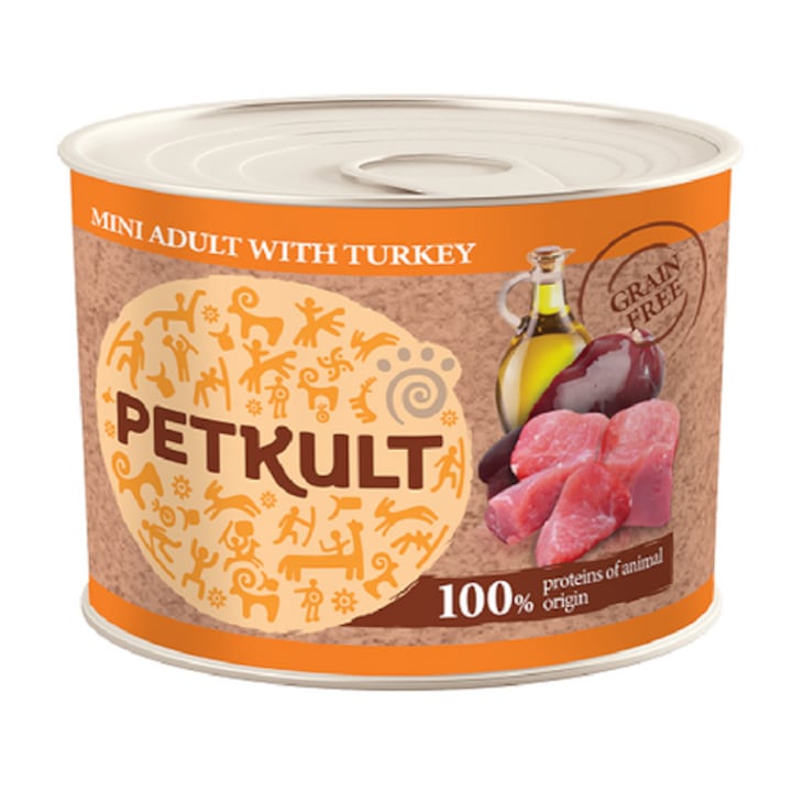 Hrana umeda pentru caini Petkult Mini Adult, Curcan, conserva 185 g