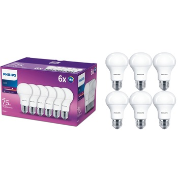 Set 6 becuri LED Philips, E27, 11W (75W), 1055 lm, Clasa energetica F,lumina calda Set 6 becuri LED Philips, E27, 11W (75W), 1055 lm, Clasa energetica F,lumina calda