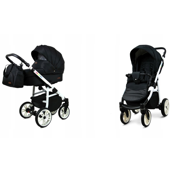 Carucior Copii Baby Lux Color Lux 2in1 Multifunctional, Adanc si Sport, Cadru Aluminiu Usor, Piele Ecologica, Suspensie Moale, Centuri Siguranta 5 Puncte, Reglabil, Pliabil, Alb/Negru