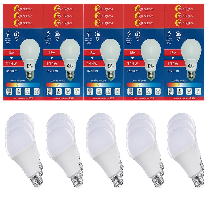 15 db LED izzó készlet RIF REFCO 18W, 1620 lumen, A+, E27, 6500k