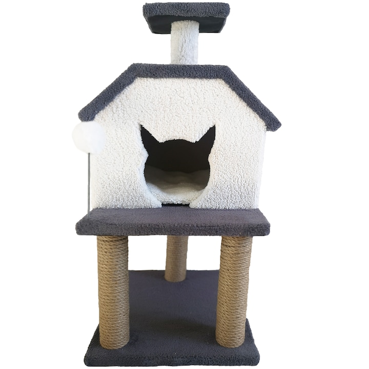 Ansamblu de joaca tip casuta Mellow House pentru pisici, cu etaj si stalpi de zgariat, 40 x 80 cm, culoare negru