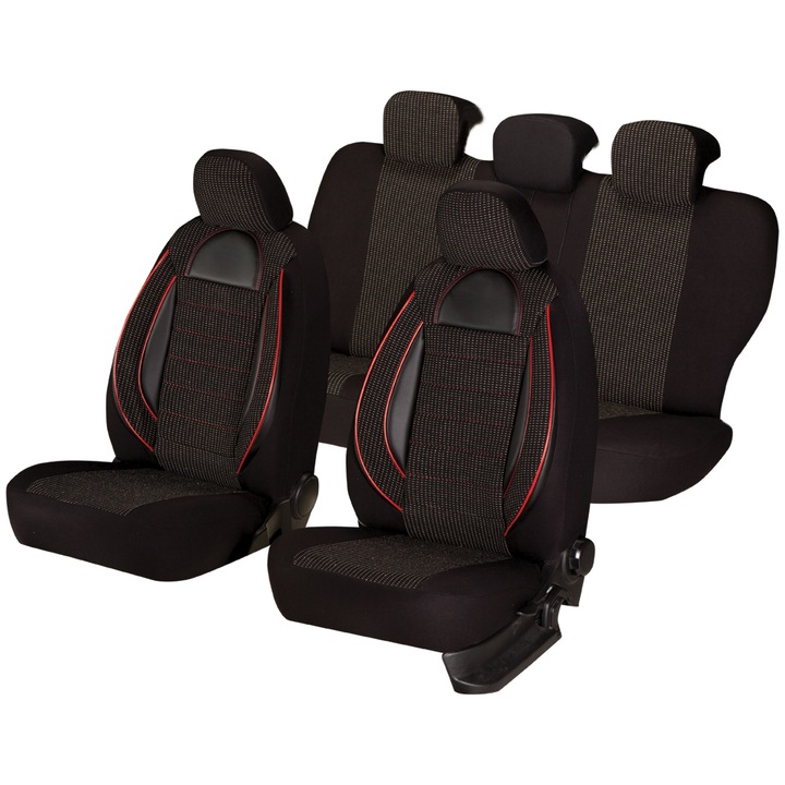 Комплект калъфи за автомобилни седалки Smartic Racing, 11 части, универсален, съвместим с въздушна възглавница, лесен за почистване, с цип, сгъваем, 3 слоя дишащ текстилен материал, с джобове, черен
