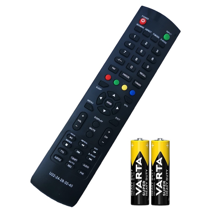 Telecomanda TV Compatibila Utok, U22FHD1, U24FH1, U24HD1, U28HD1, U32HD1, U32HD2, U32HD6, U40FHD2, U40FHD3, neagra, baterii incluse