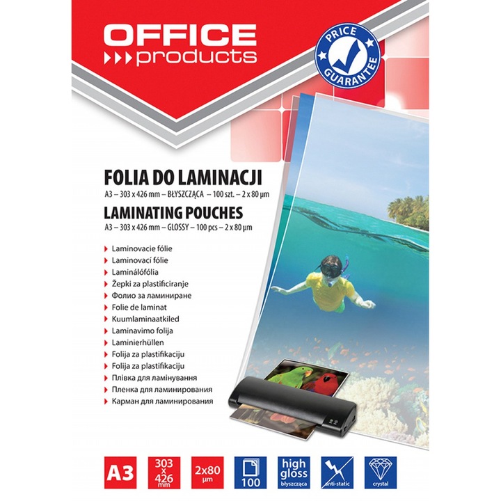Комплект от 100 броя ламиниращо фолио, А3 80 микрона, отгоре, OFFICE PRODUCTS