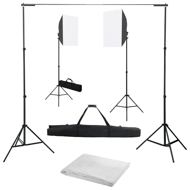 Kit de studio lumini softbox si fundal, vidaXL, Aluminiu, 300 x 300 cm, Negru/Fundal alb