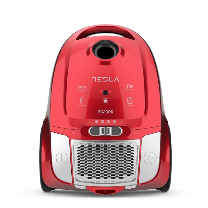 Прахосмукачка с торба Tesla BG200R, 800W, 2 литра, HEPA миещ се филтър, 76 dB, Червен