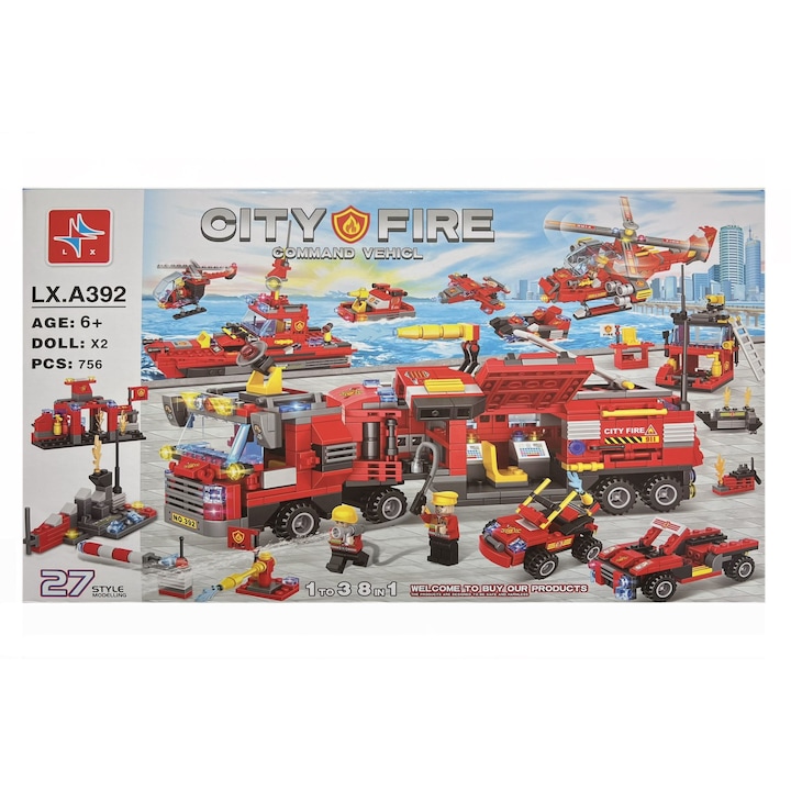 OEM LX City Fire Építőkészlet, Fire Brigade, 8 az 1-ben tűzoltó járművek, 756 darab, 6+ év