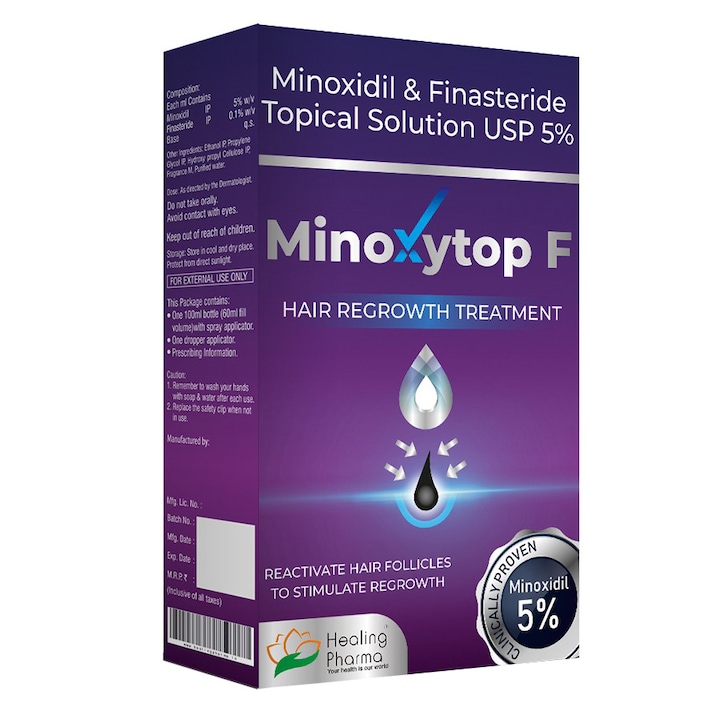 Терапия против косопад, Healing Pharma, Minoxytop F, с включен финастерид, пипета и пръскачка, 1 месец лечение, 60 ml
