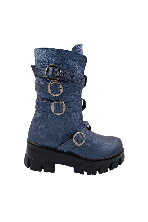 Bocanci dama piele naturala bizon patru catarame si fermoar pe lateral talpa masiva demi-wedge albastru