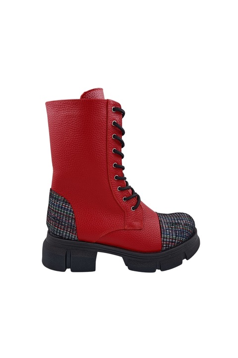 Bocanci dama piele naturala bizon cu siret fermoar pe lateral talpa masiva demi-wedge imprimeu linii colorate rosu