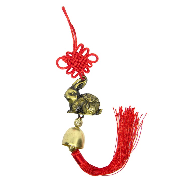 Amuleta cu iepure auriu si clopotel - 2023, Auriu, Rosu, remediu Feng Shui din Metal, 300 mm lungime