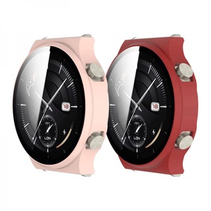 Set 2 huse 2 in 1 pentru smartwatch Huawei GT2 Pro, protectie tip rama si ecran de sticla, rosu, roz