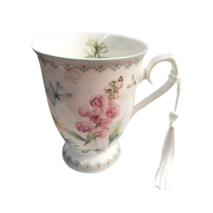 Set 2 cani ceramica fina, imprimeu floral, ciucure textil, 300 ml, Cadouridiversity, R09-24