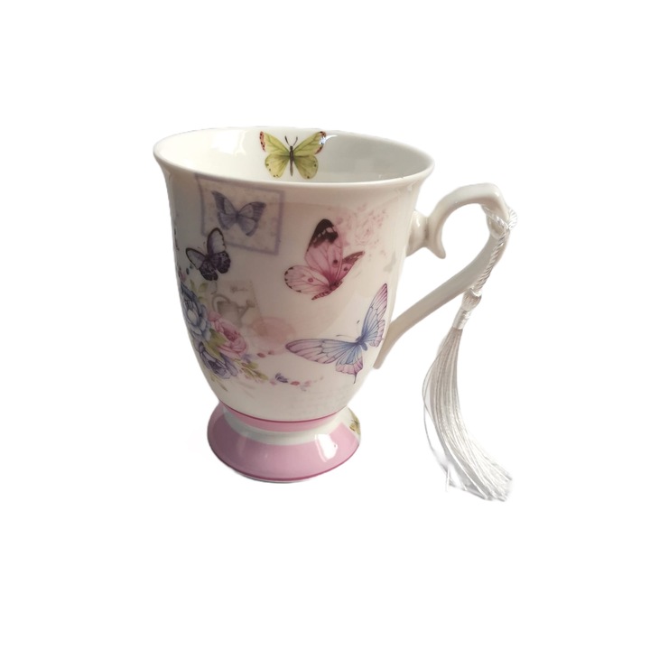 Set 2 cani ceramica fina, imprimeu fluturi, ciucure textil, 300 ml, Cadouridiversity, R09-25