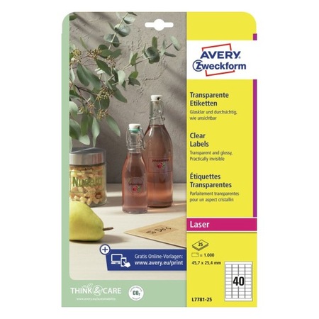 Étiquettes Transparentes Brillantes Avery - 25 Feuilles A4 (45,7x25,4mm) Pour Imprimantes Laser