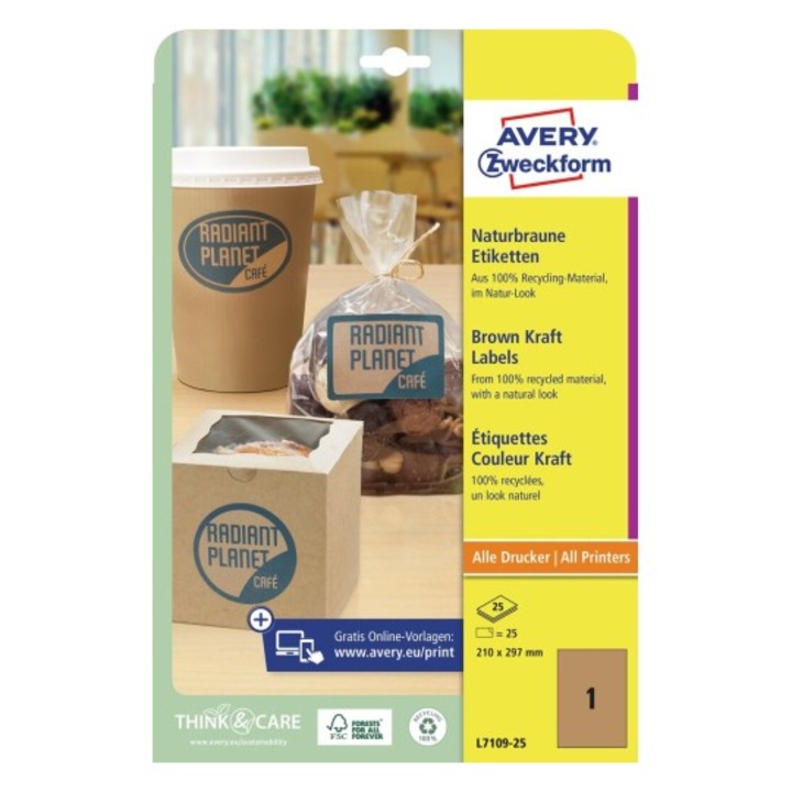 Etichete Avery Zweckform L7109-25, kraft, 1/A4, dimensiuni 210 x 297 mm, 25 coli/top