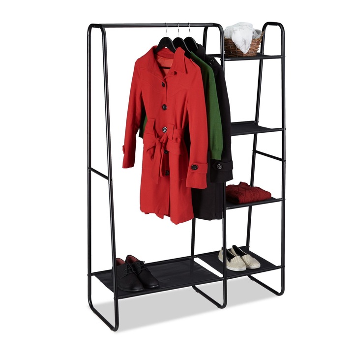 Етажерка за дрехи Relaxdays с 5 рафта, черна, метална, 150 х 100 х 40 см