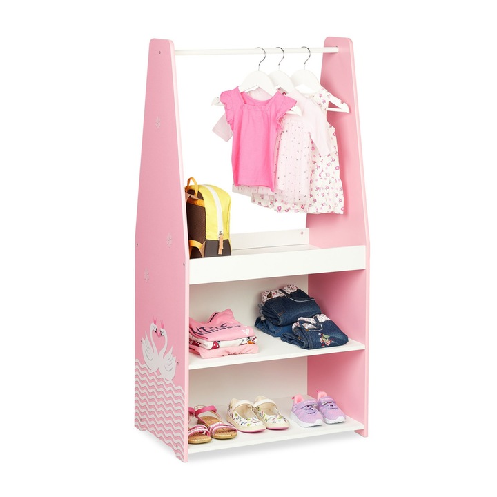 Suport haine pentru camera copiilor RelaxDays, din MDF, roz, cu 3 rafturi, 120 x 60 x 40 cm