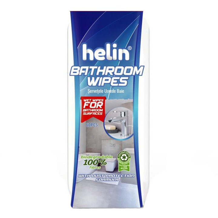 Мокри кърпички за повърхности в баня Helin Bathroom Wipes, %100 биоразградими, 60 бр.