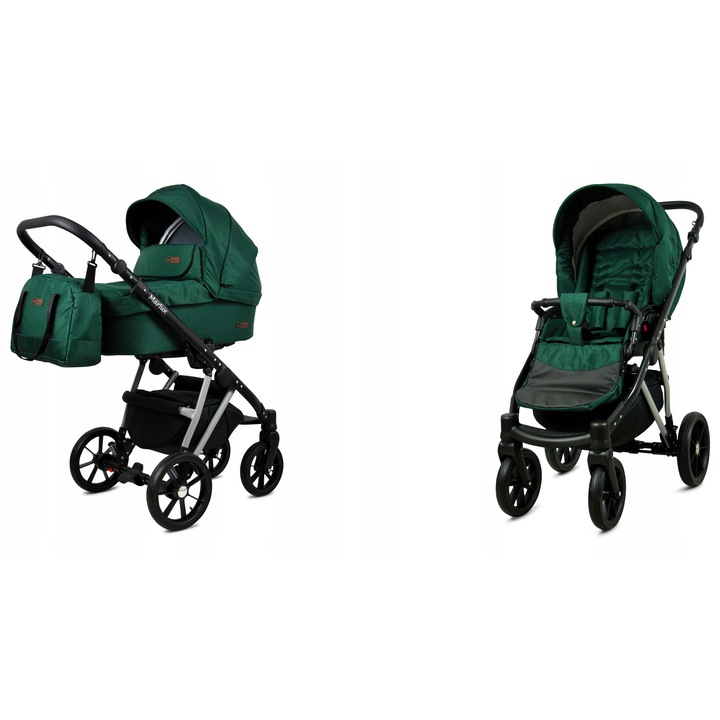 Carucior pentru copii, BabyLux, Bumbac/Aluminiu, 2 in 1, Multifunctional, Verde/Negru