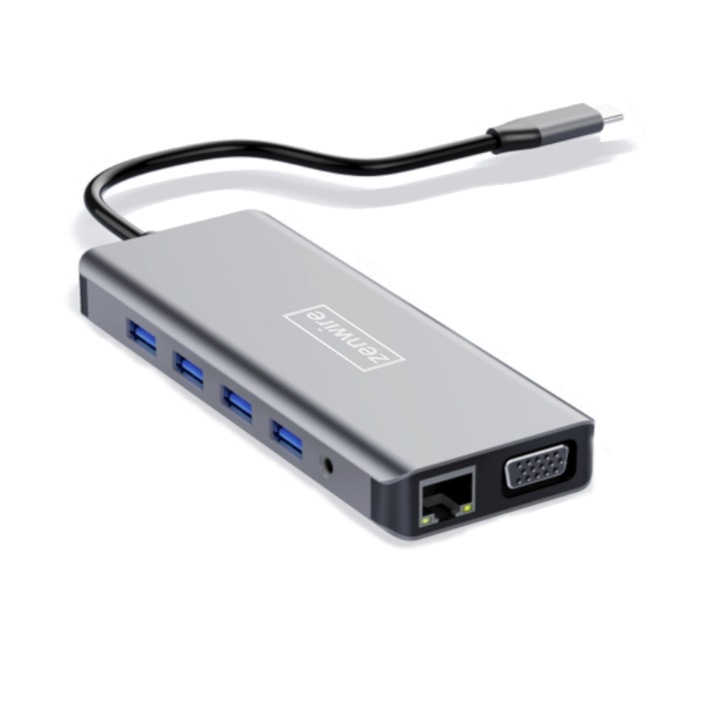 Адаптер Хъб, Zenwire, 12в1 USB-C 2x HDMI VGA USB жак SD LAN