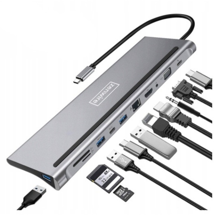 Докинг Станция Хъб, Zenwire, USB-C 11в1 VGA / RJ45 / HDMI 4K / 3 x USB 3.0 / Card SD 2T / Mini Jack / USB-C / Power Delivery
