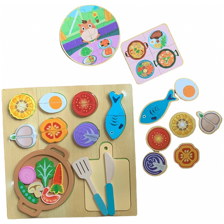 Set de taiere pentru copii, Lemn, Fructe/Legume/Produse din carne, Multicolor
