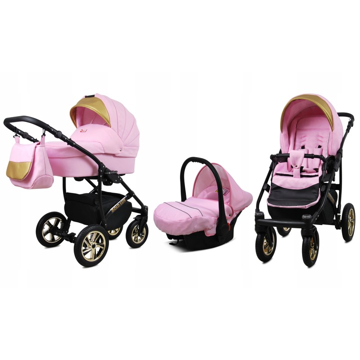 Детска количка Baby Lux 3 в 1, Мултифункционална, Регулируема, Златист / Розов