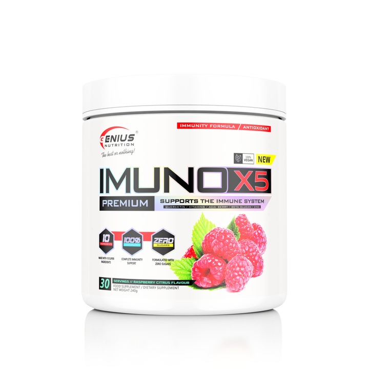 Supliment alimentar pudra Genius Nutrition Imuno-X5 pentru stimularea imunitatii, 240g, 30 serviri