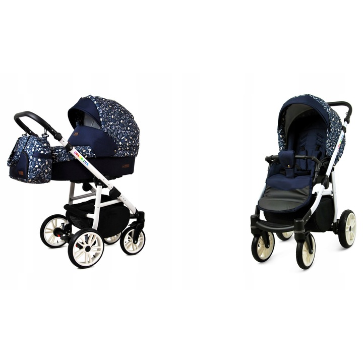 Carucior copii Baby Lux 2 in 1 Multifunctional, Sistem Complet Landou si Parte Sport, Reglabil, Cadru Aluminiu, Suspensie Moale, Pliabil, Siguranta Certificata EN 1888-1, Piele Ecologica, Culoare Alb Negru