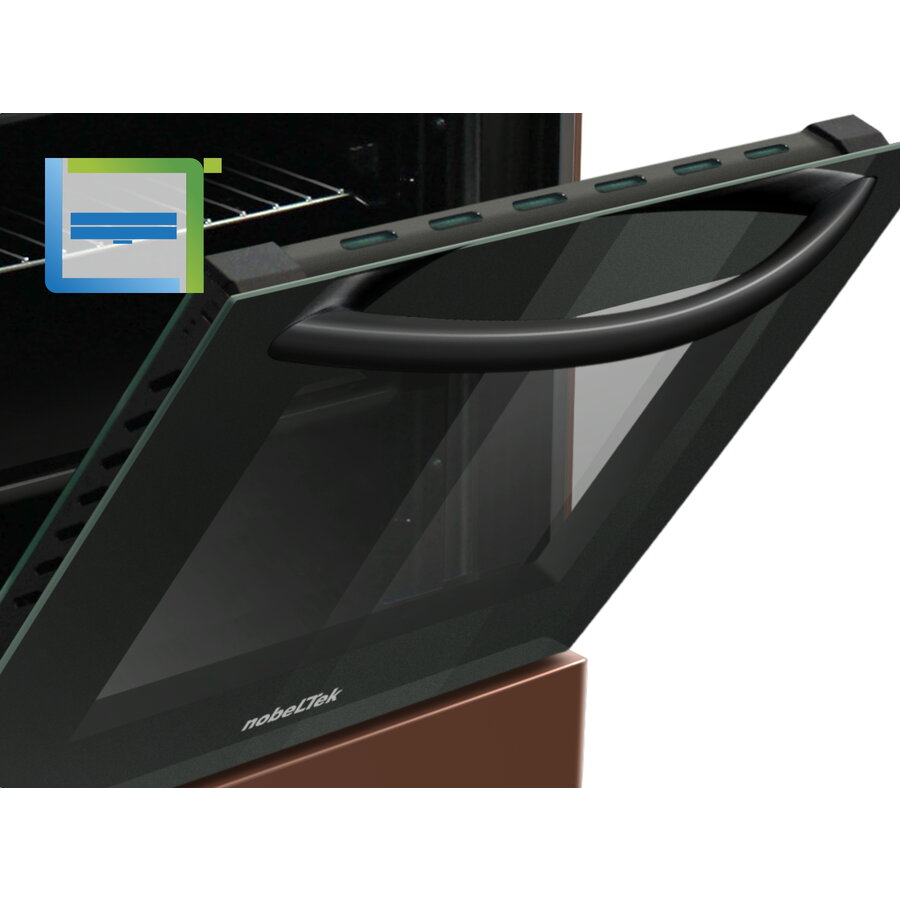 Aragaz Nobeltek NLT 5551M/G1, 50 cm, plita gaz, cuptor gaz, siguranta plita si cuptor, echipat cu diuze GPL, diuze GN de schimb, capac tabla, Maro