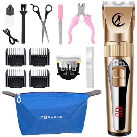 Masina de tuns Corasys® caini, pisici, animale, Profesionala, Silentioasa, aparat fara fir, Ecran LED, Lama din Titan, Unghiera, Pila, Foarfeca, Pieptene, Cablu USB, Geanta de Transport incluse