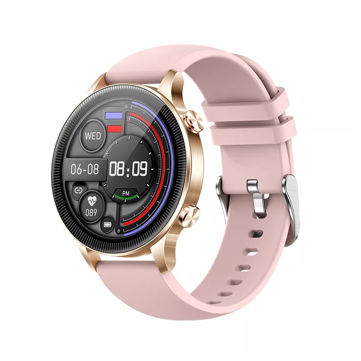 Ceas SmartWatch DacEnergy©, ecran tactil 1.32 inch, Android/ios, monitorizare ritm cardic, somn, memento sedentar, moduri sportive, roz