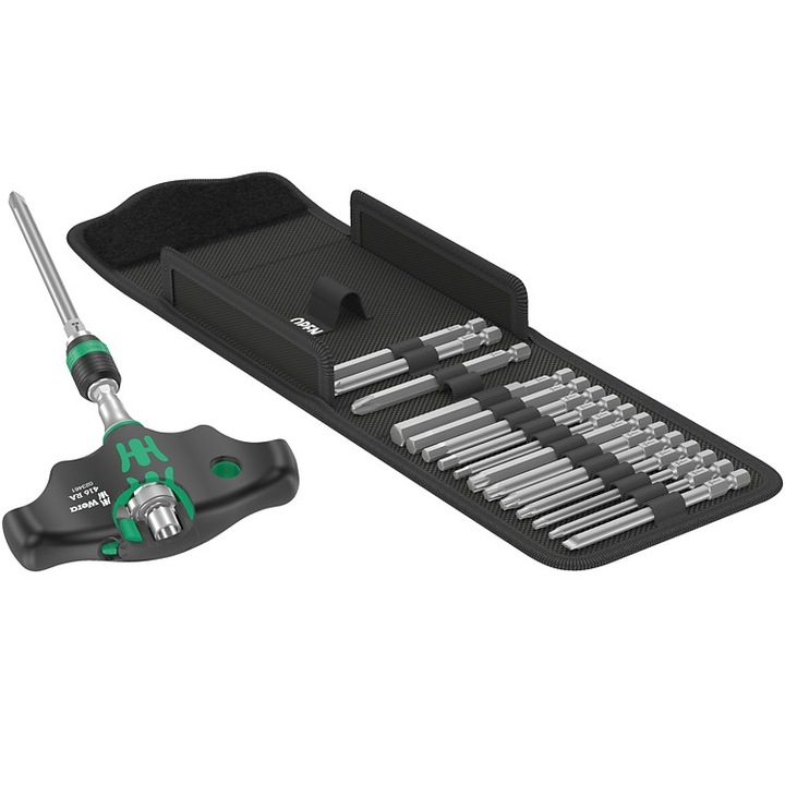 Комплект отвертки с T-образна дръжка с 16 бита, 1/4", Wera Kraftform Kompakt 400 RA