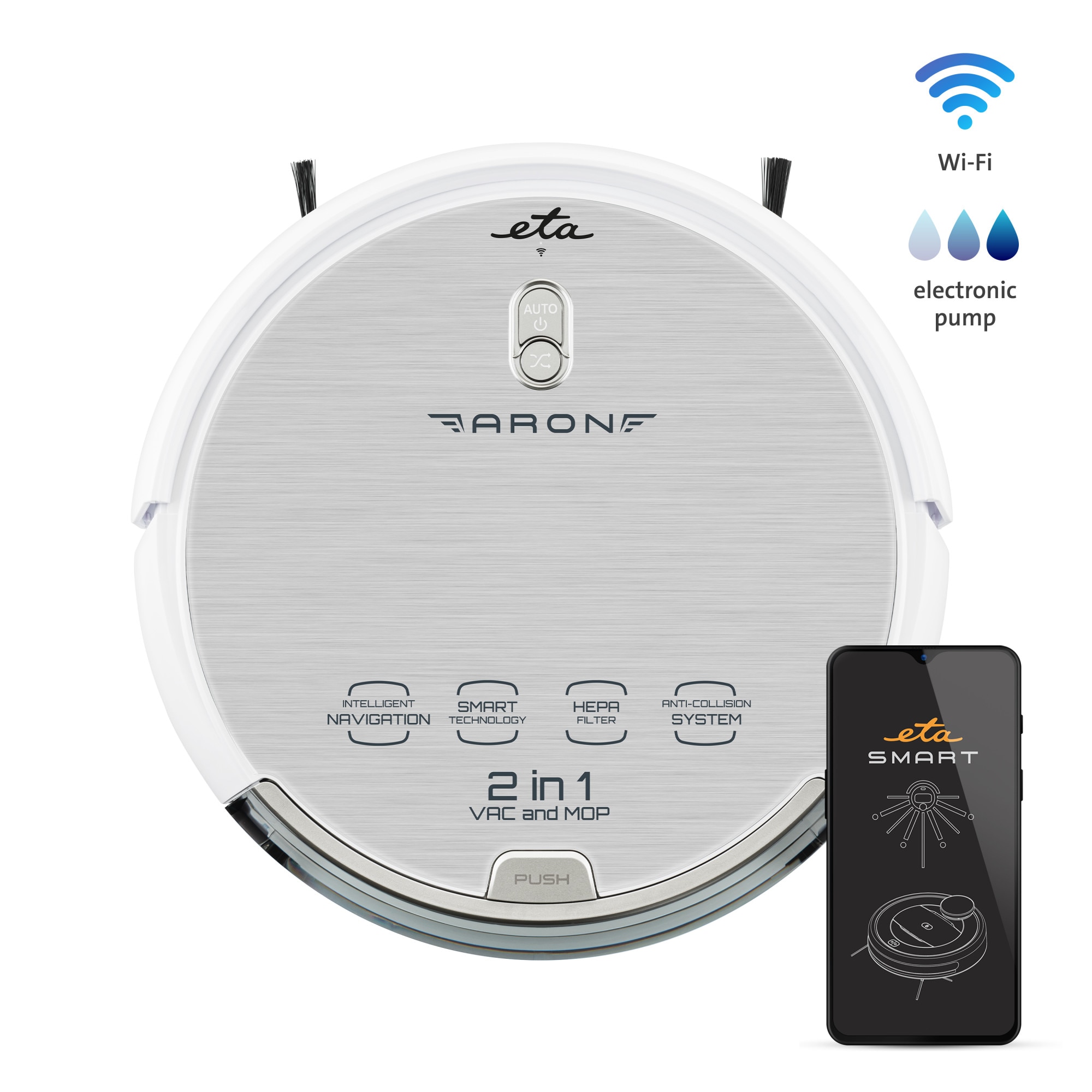 Robot aspirator cu mop ETA Aron 3512 90000, Wi-Fi, baterie Li-Ion 14.4 V, 300 ml, autoincarcare, navigare giroscopica, alb