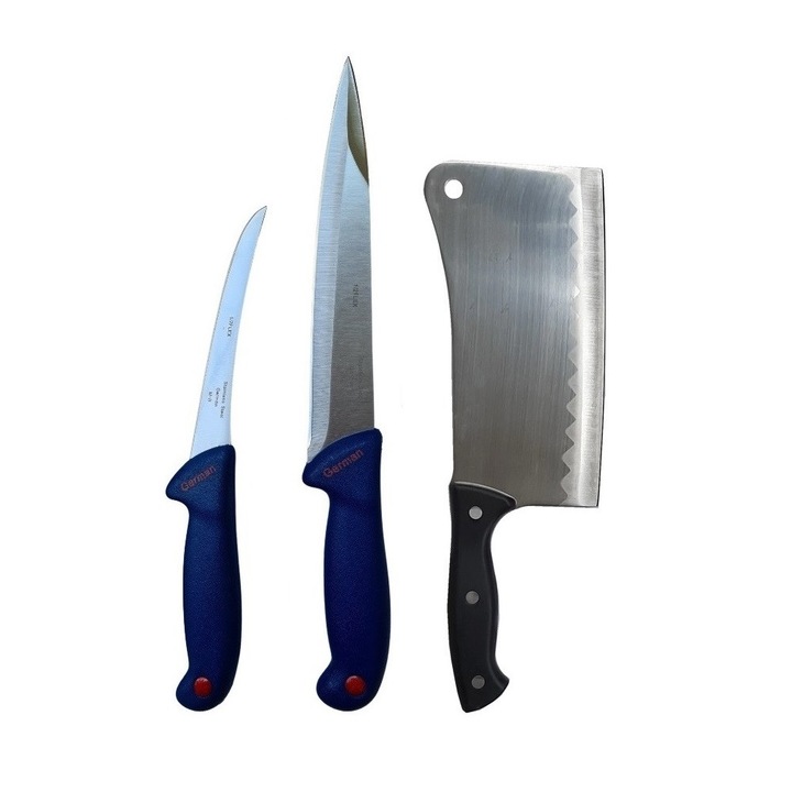 Set Profesional macelar RTK3-Blue, Cutite sacrificat, dezosat si Satar pentru oase 800 g, otel inoxidabil