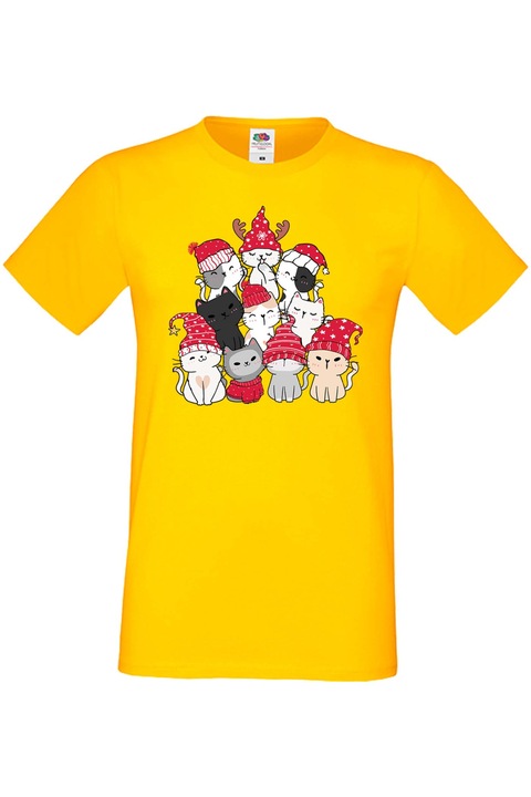 Férfi karácsonyi póló ajándék karácsonyra újévre Tralala Cat Xmas Tree 01, sárga, 2XL