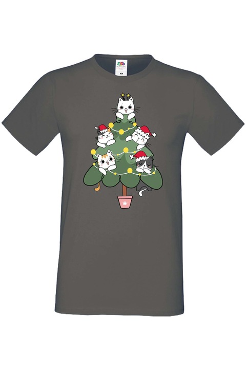 Férfi karácsonyi póló ajándék karácsonyra újévre Tralala Cat Xmas Tree 02, sötétszürke, 2XL