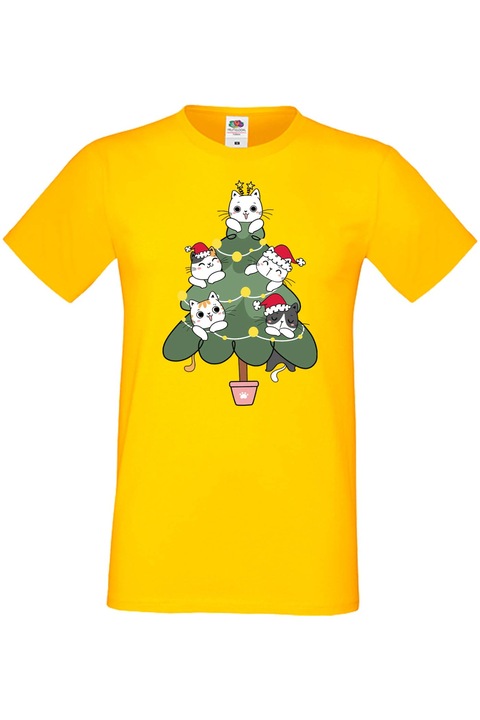 Férfi karácsonyi póló ajándék karácsonyra újévre Tralala Cat Xmas Tree 02, sárga, 2XL