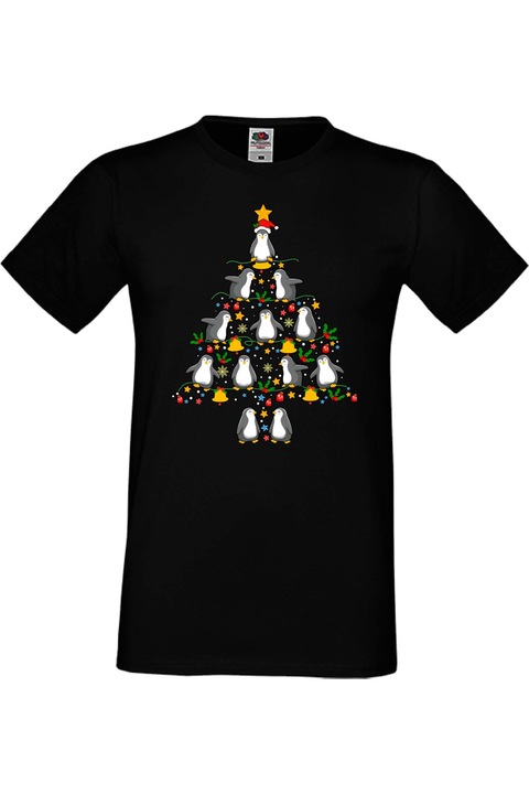 Férfi karácsonyi póló ajándék karácsonyra újévre Tralala Penguin Christmas Tree Lights, fekete, 2XL