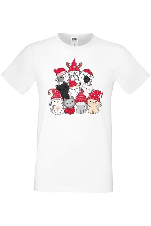 Férfi karácsonyi póló ajándék karácsonyra újévre Tralala Cat Xmas Tree 01, fehér, 2XL