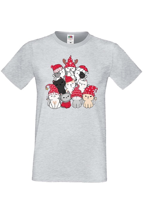 Férfi karácsonyi póló ajándék karácsonyra újévre Tralala Cat Xmas Tree 01, szürke melange, 2XL