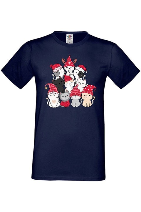 Férfi karácsonyi póló ajándék karácsonyra újévre Tralala Cat Xmas Tree 01, sötétkék, 2XL