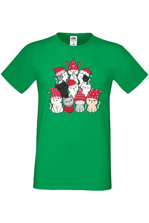 Férfi karácsonyi póló ajándék karácsonyra újévre Tralala Cat Xmas Tree 01, zöld, 2XL