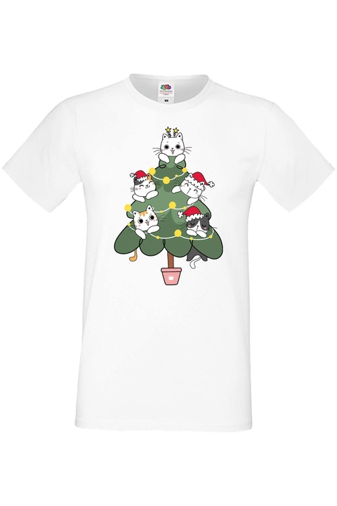Férfi karácsonyi póló ajándék karácsonyra újévre Tralala Cat Xmas Tree 02, fehér, 2XL